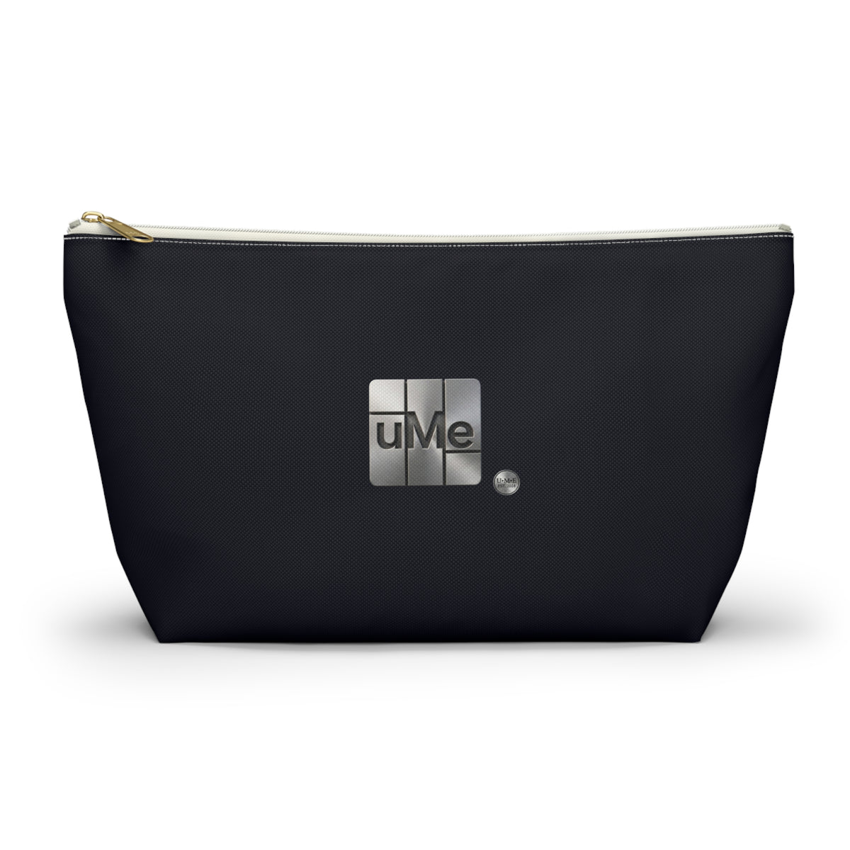 Accessory Pouch — Sleek Black T‑Bottom Cosmetic & Tech Organizer with Metallic 'uMe' Logo
