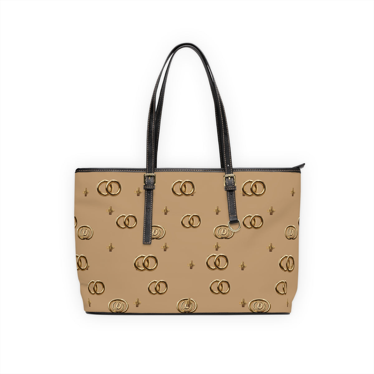 PU Leather Shoulder Bag — Beige Gold Emblem Tote