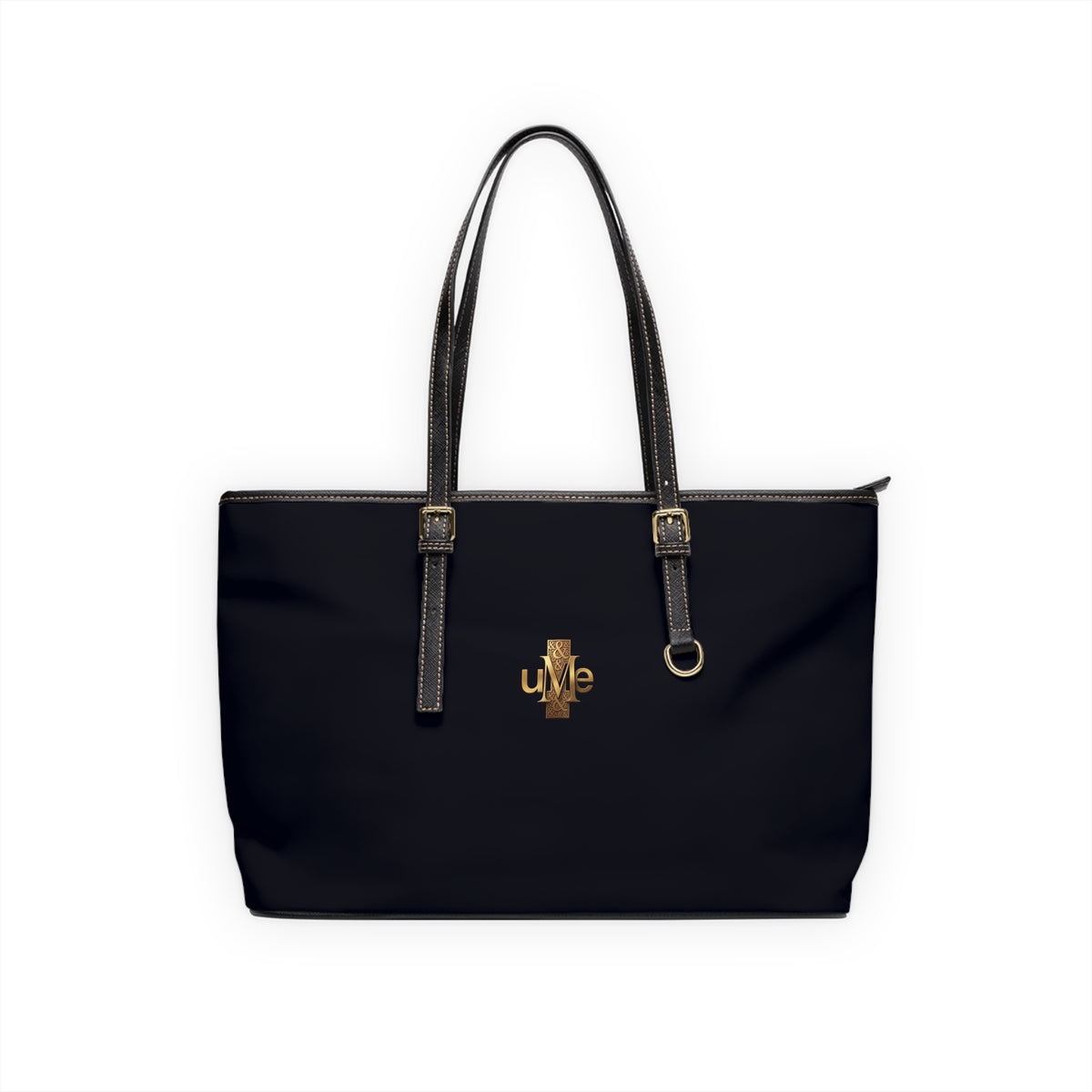 Black PU Leather Shoulder Bag with Gold Cross Logo — Elegant Tote for Everyday & Church