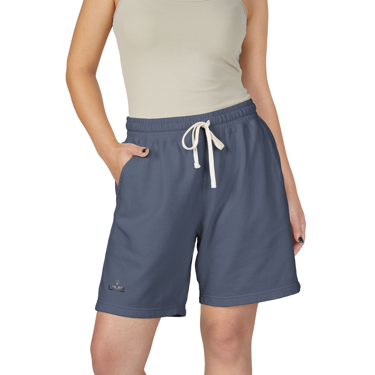 Fleece Sweat Shorts — Garment-Dyed UME Dark Grey Logo All-Over Print
