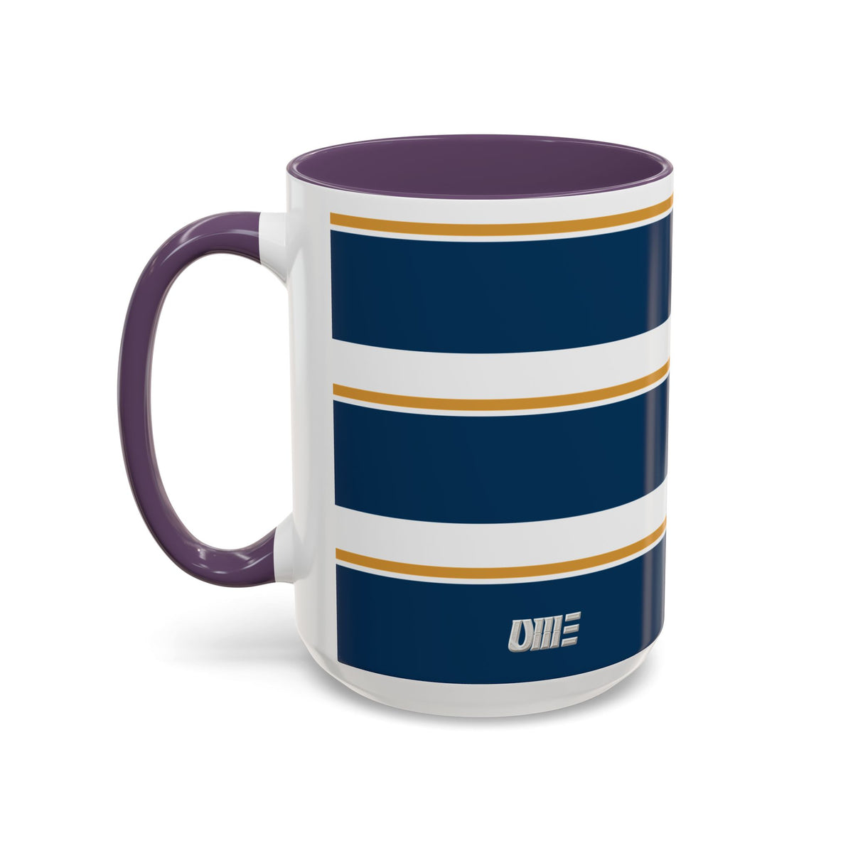 Navy and Gold Striped Accent Mug — White Ceramic