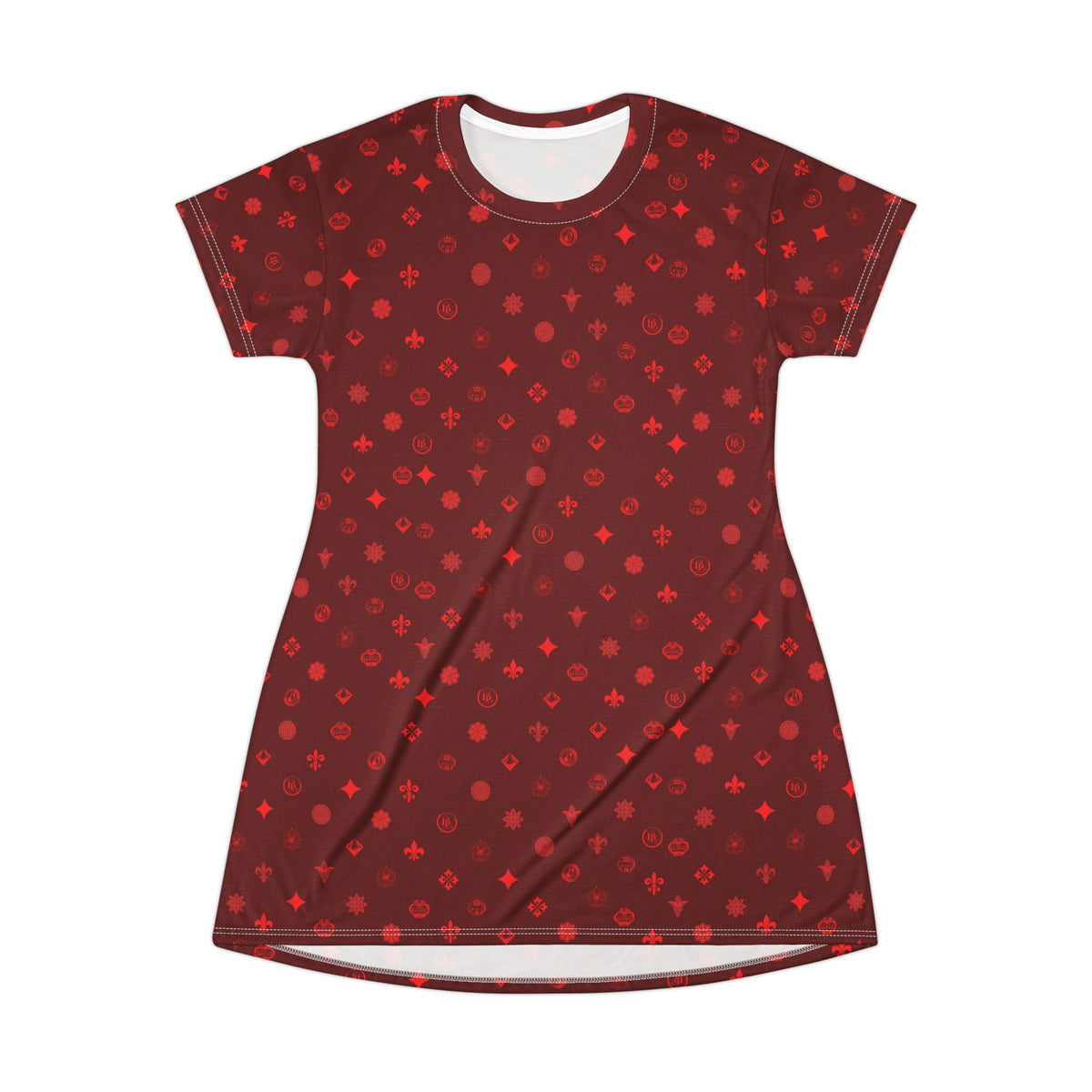 T-Shirt Dress — Burgundy Red Ornamental Motif All-Over Print