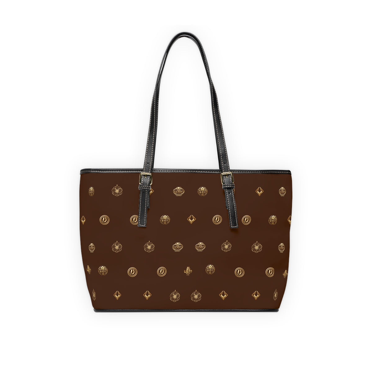 Brown Monogram PU Leather Shoulder Bag — Gold Emblem Print Luxe Tote