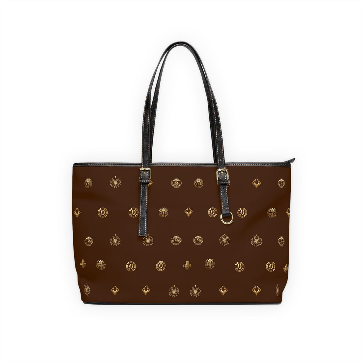 Brown Monogram PU Leather Shoulder Bag — Gold Emblem Print Luxe Tote
