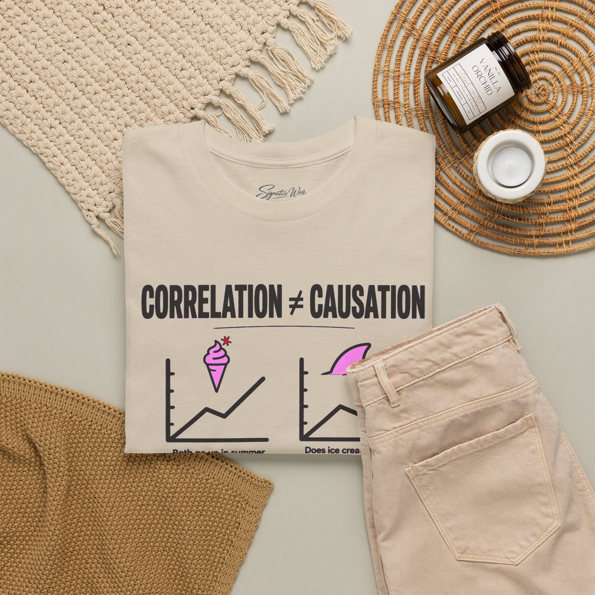 Correlation ≠ Causation Graphic Tee — White, Blue, Pink, Yellow & Neutral Bases