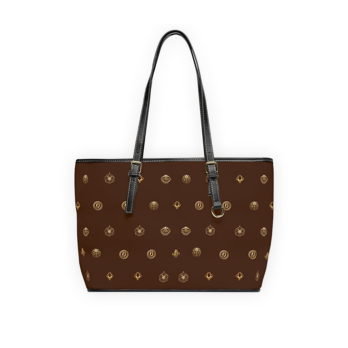 Brown Monogram PU Leather Shoulder Bag — Gold Emblem Print Luxe Tote