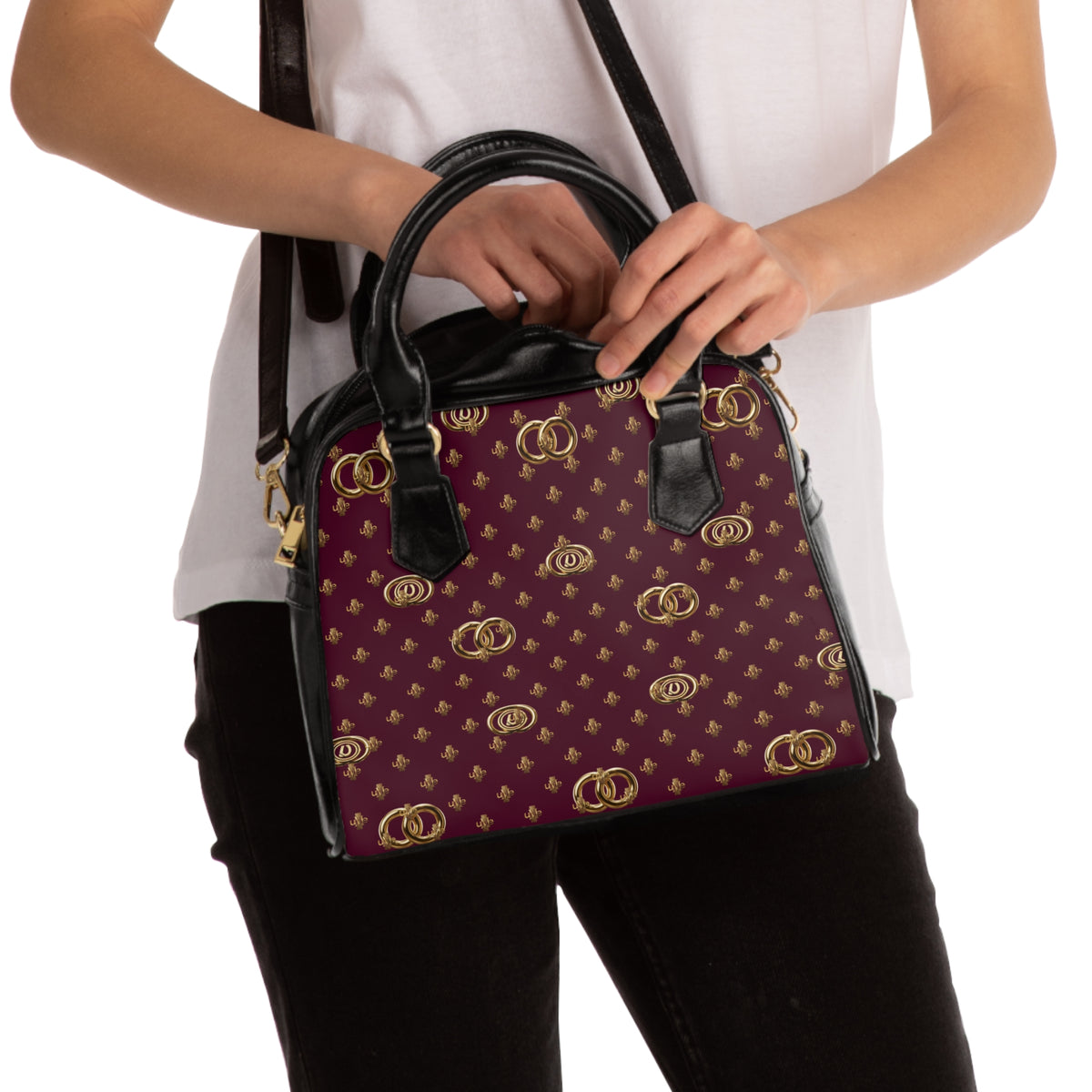 Vintage Monogram Shoulder Handbag — Burgundy & Gold Patterned Purse