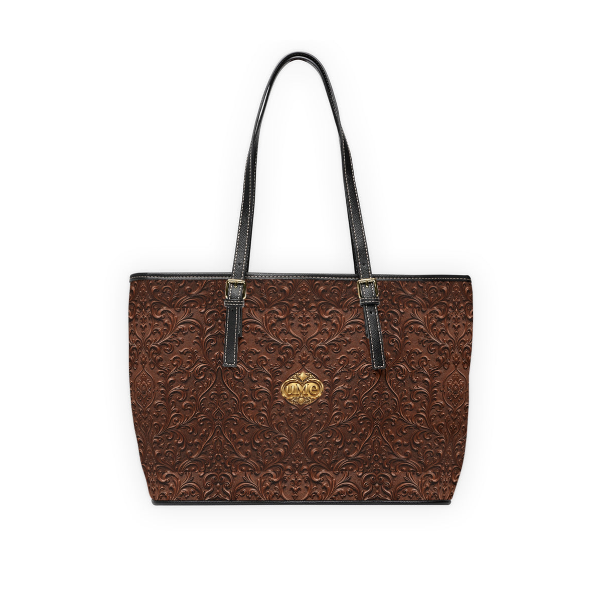 Chestnut Brown UME Shoulder Tote — PU Faux Leather Gold Crest Scroll Print