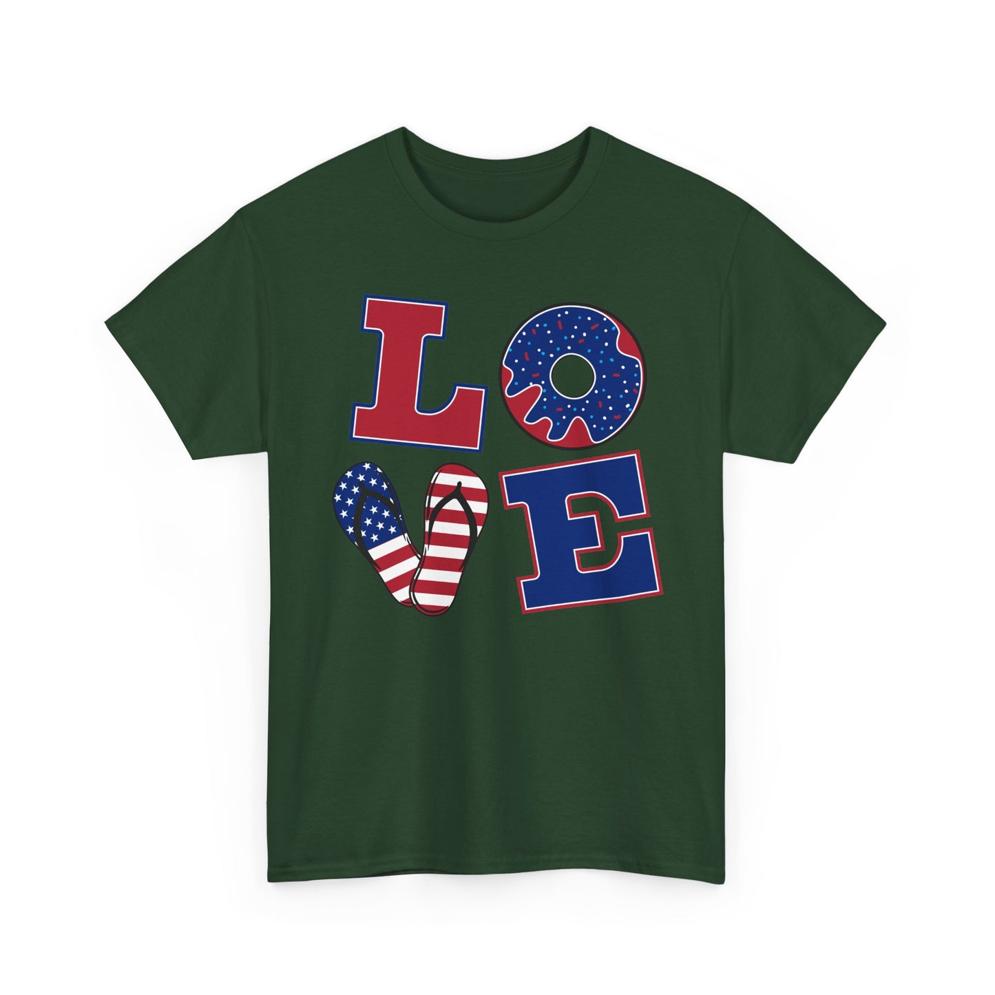 Patriotic "LOVE" Tee – American Flag Donut Heart 4th of July Shirt
