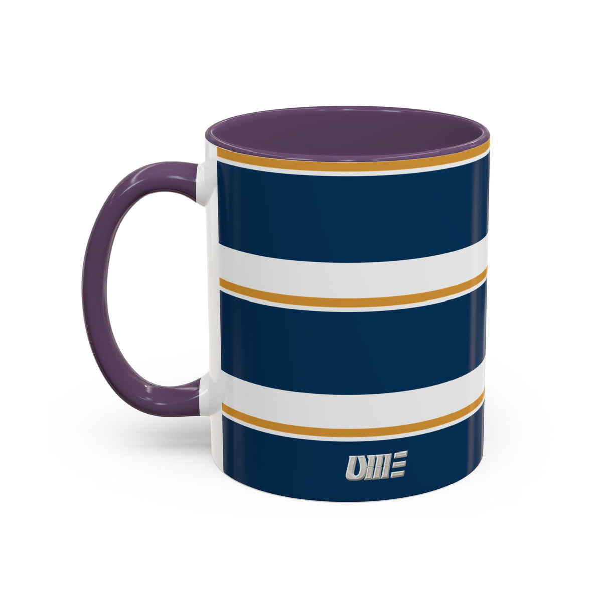 Navy and Gold Striped Accent Mug — White Ceramic