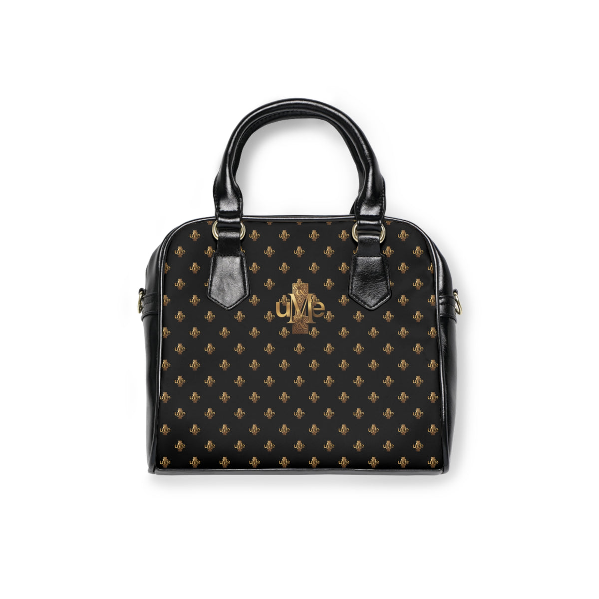 Black Shoulder Handbag — Faux Leather Tote with Gold uMe Cross Logo