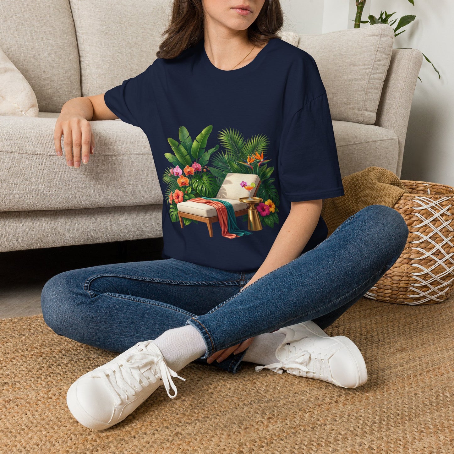 Tropical Lounge T-Shirt — Cozy Chair & Palm Floral Graphic Tee