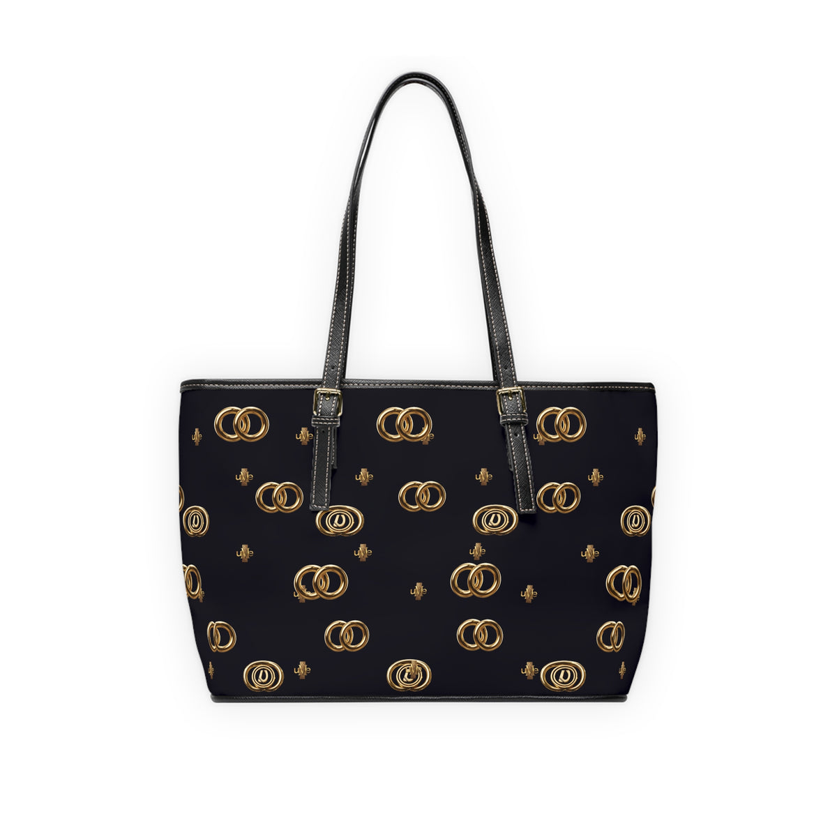 PU Leather Shoulder Bag — Black Gold Emblem Tote