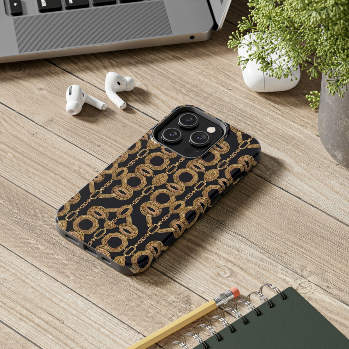 Gold Chain Phone Case — Black & Gold Ornate Chain All-Over Print Tough Cover