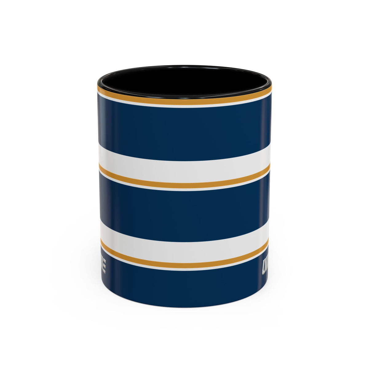 Navy and Gold Striped Accent Mug — White Ceramic