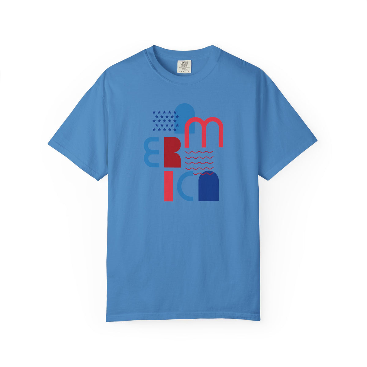 T-Shirt — Abstract 'America' Graphic Tee (Red & Blue Geometric Design)