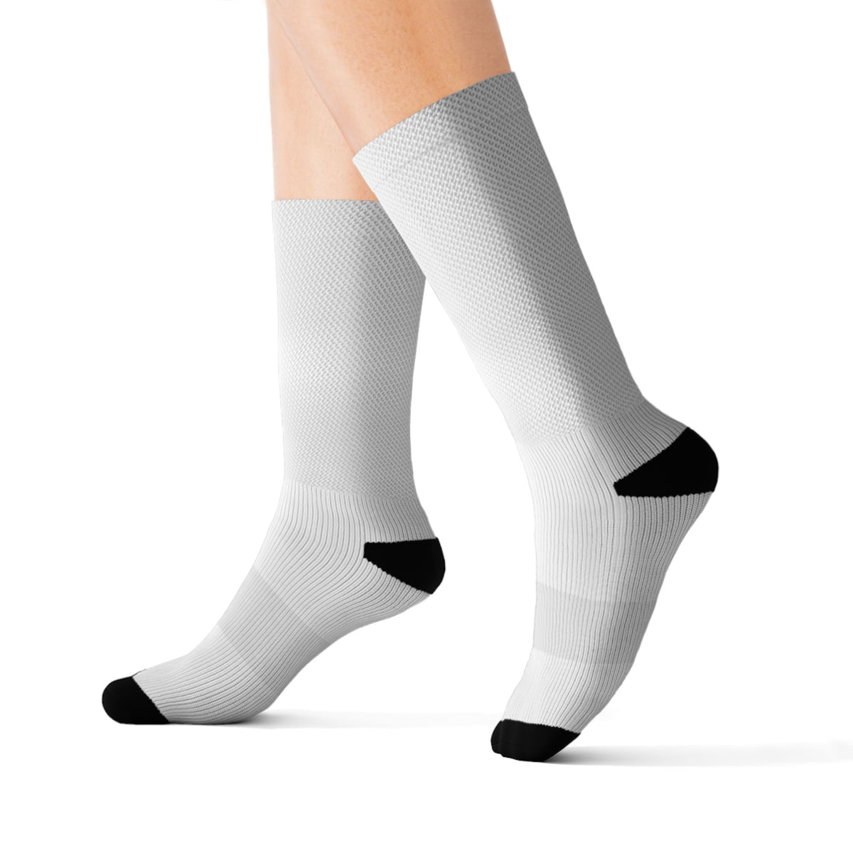 White Sublimation Crew Socks – Black Heel & Toe