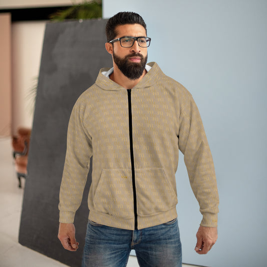 Gold Monogram Zip Hoodie — Beige All-Over Print