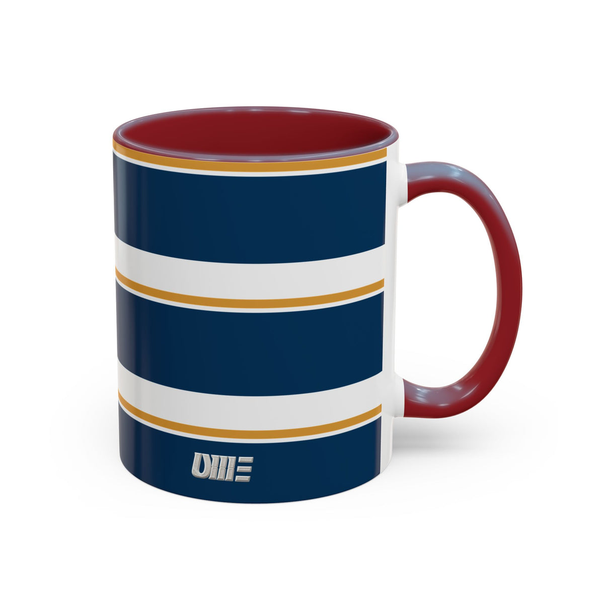 Navy and Gold Striped Accent Mug — White Ceramic