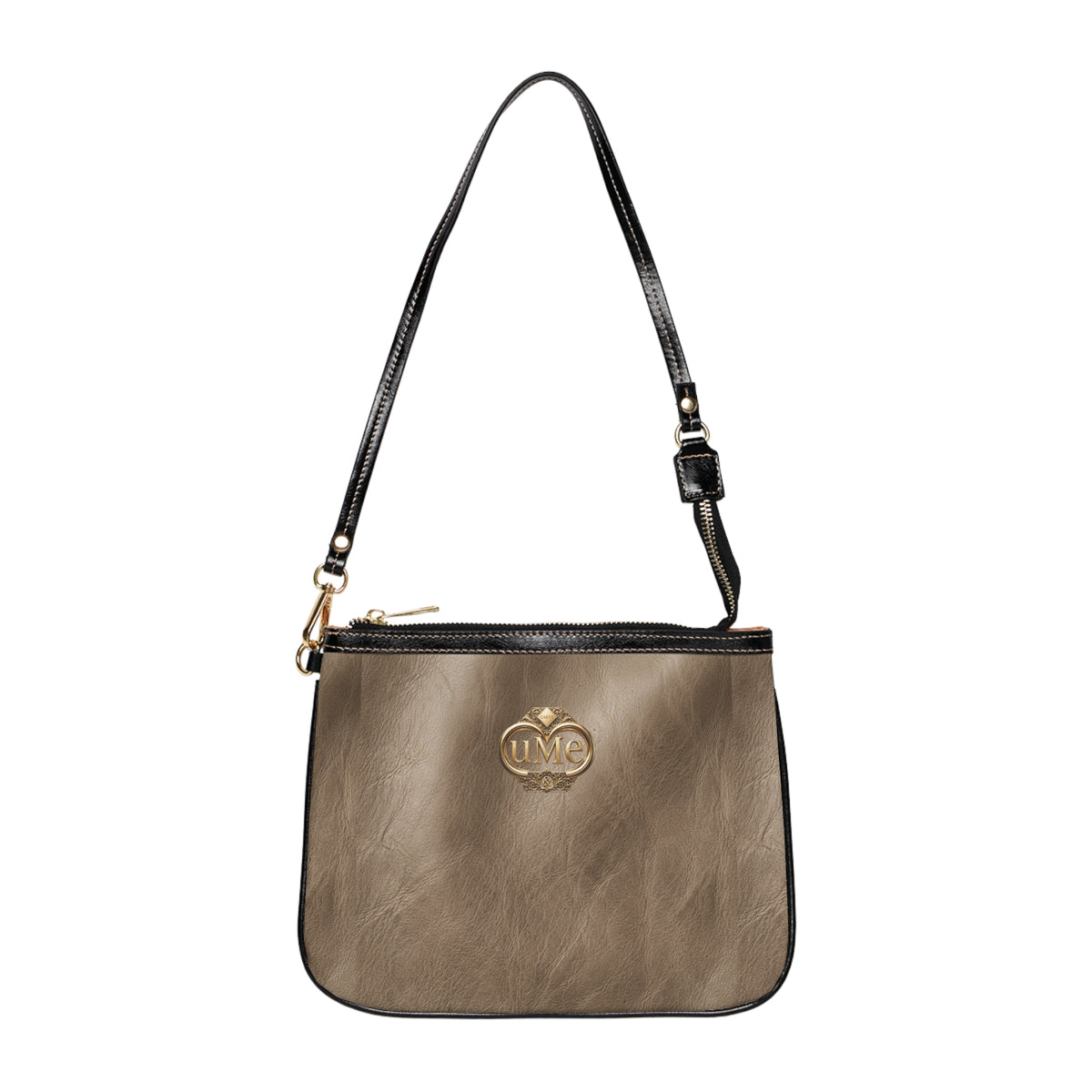 Taupe Small Shoulder Bag – Minimal PU Leather Purse with Gold uMe Logo