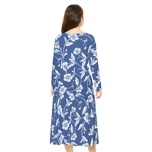 Blue Floral Long-Sleeve Dance Dress – AOP Full-Skirt Performance Dress