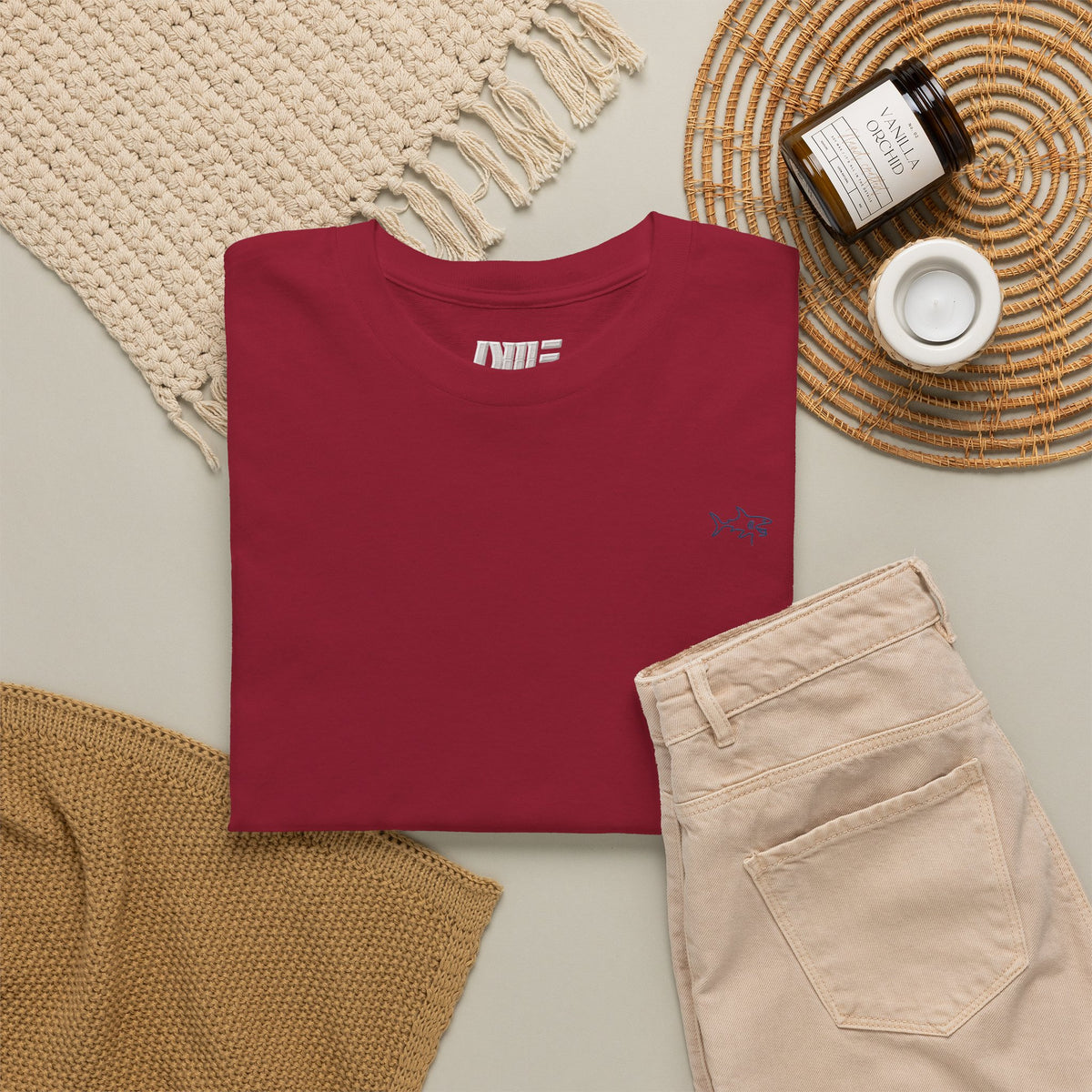 Minimalist string design Fish Tee — Small Chest Fish & Back 'OWE' Graphic