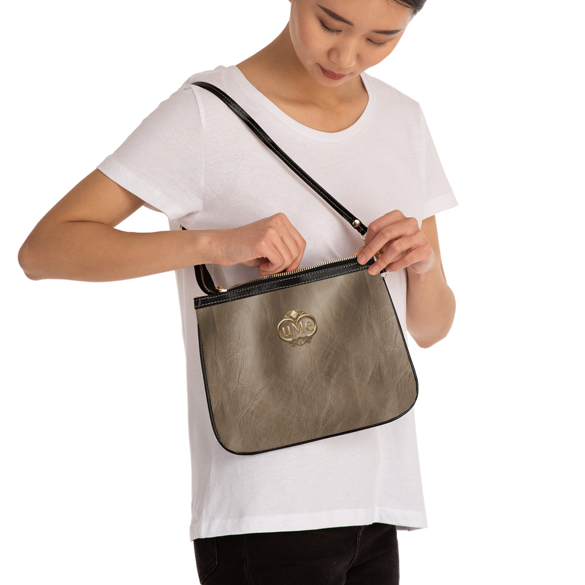 Taupe Small Shoulder Bag – Minimal PU Leather Purse with Gold uMe Logo