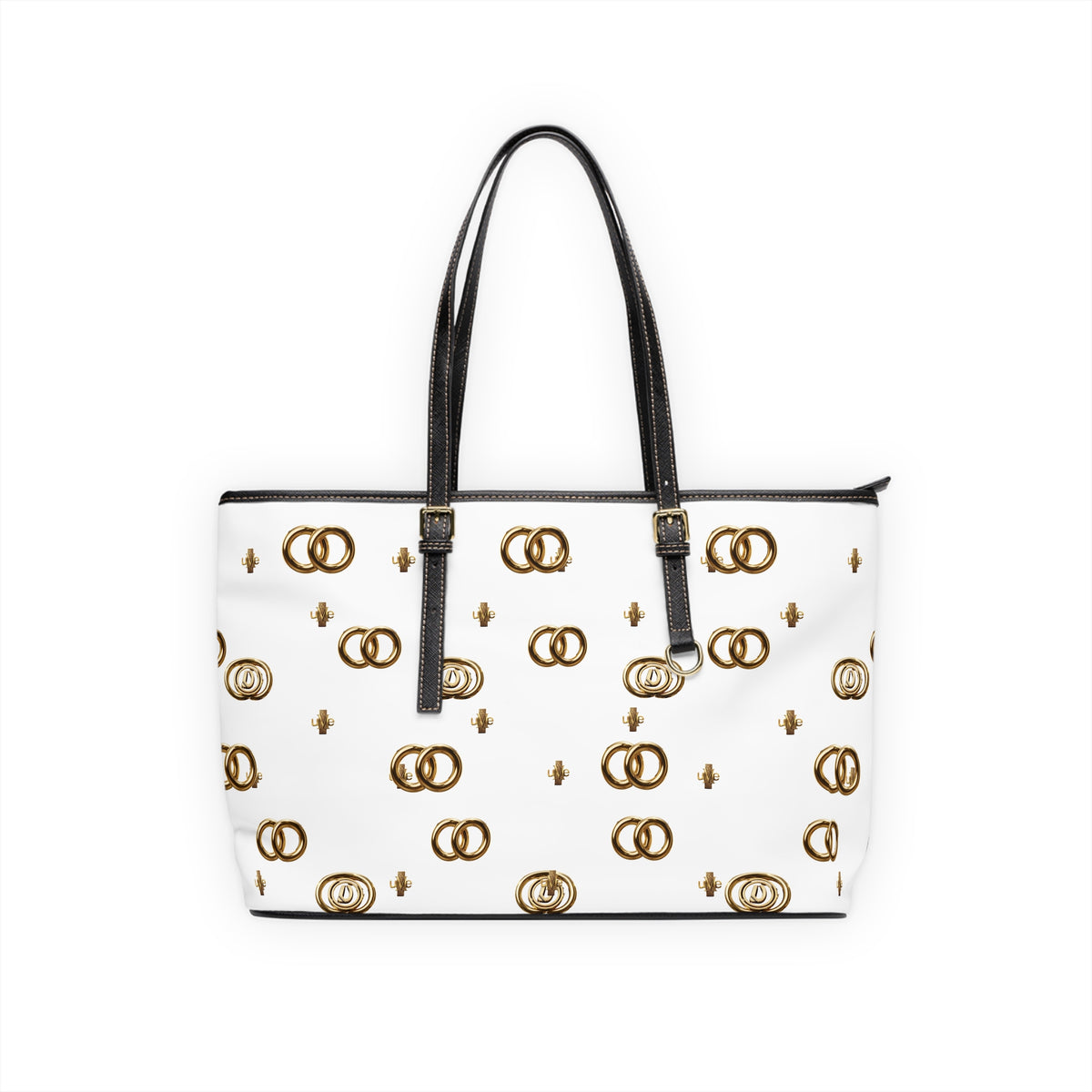 PU Leather Shoulder Bag — White Gold Emblem Tote