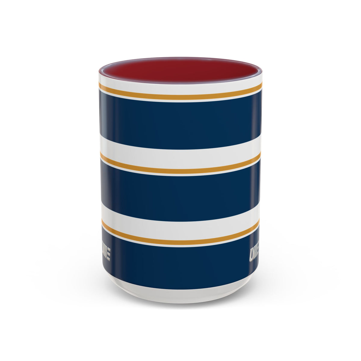 Navy and Gold Striped Accent Mug — White Ceramic