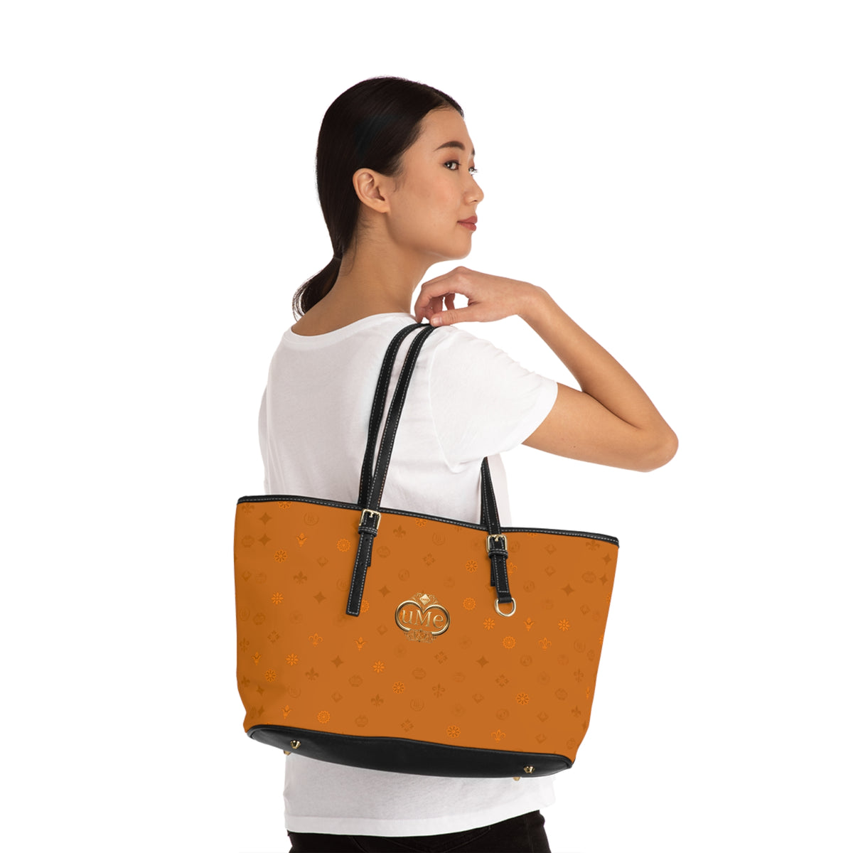 UME PU Leather Shoulder Bag — Cognac Monogram All-Over Print Tote