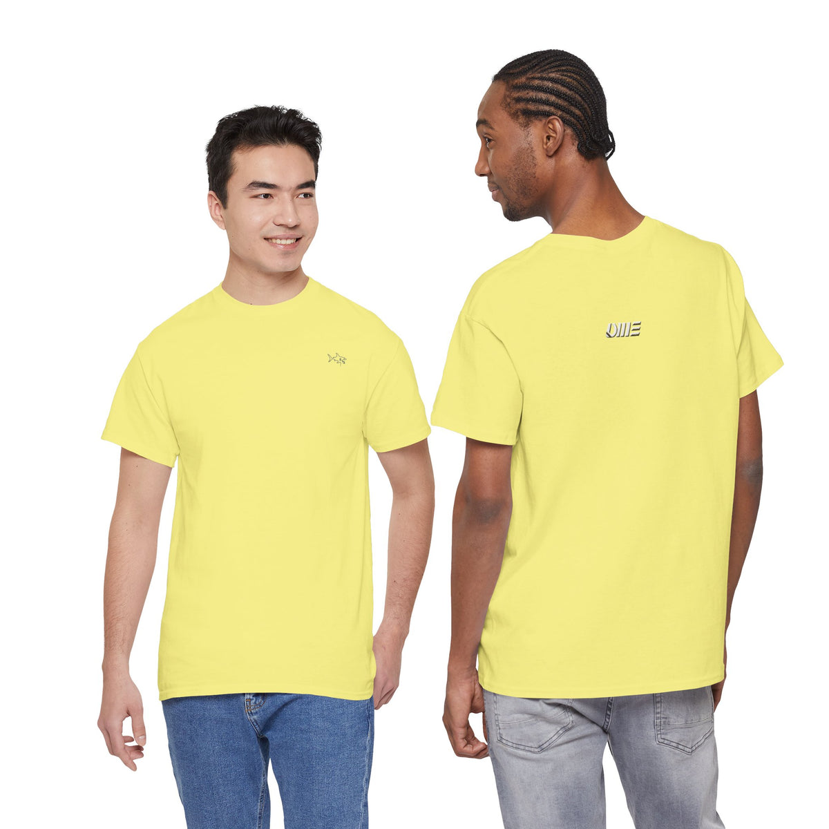 Minimalist string design Fish Tee — Small Chest Fish & Back 'OWE' Graphic