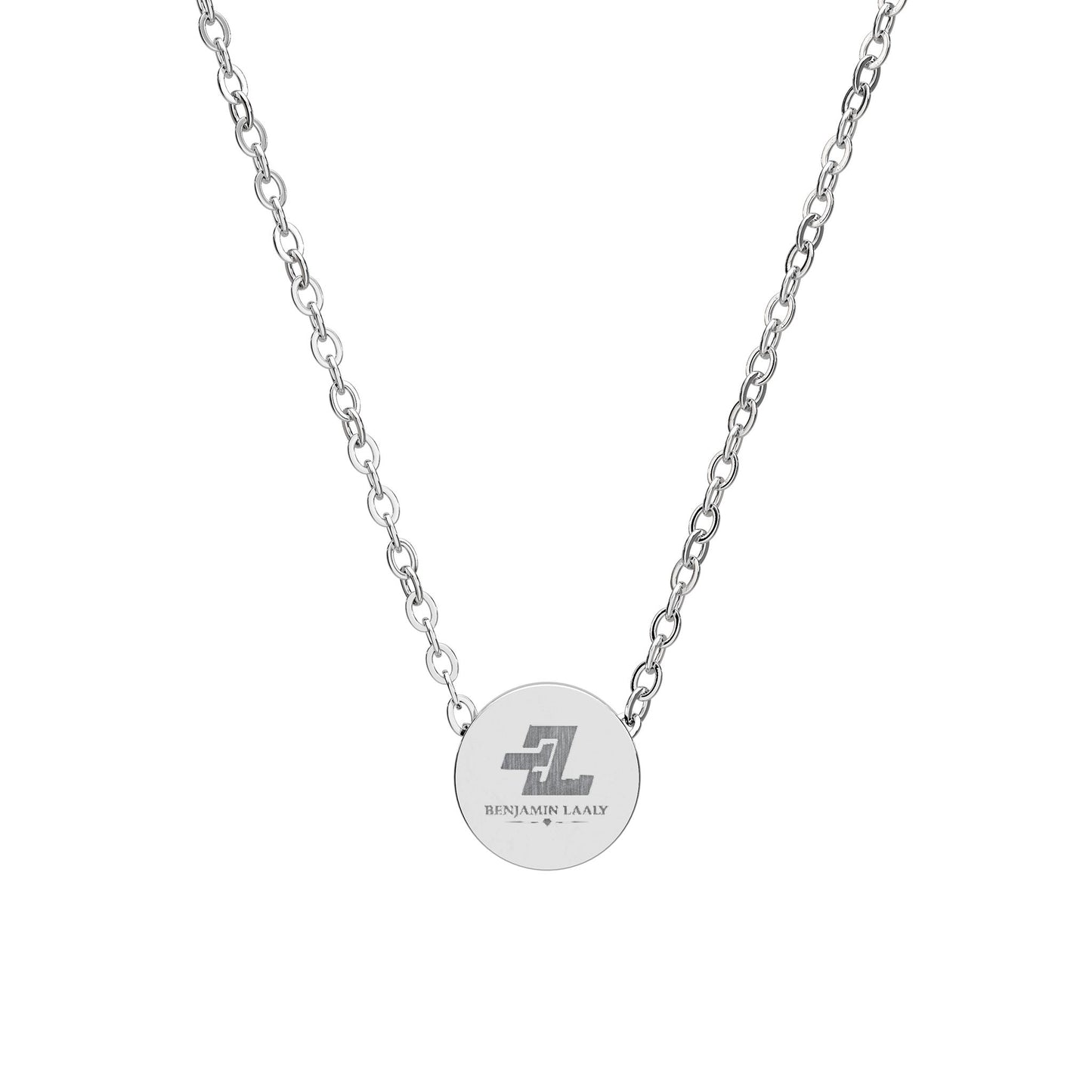 Signature Disc Necklace — Branded Logo Circle Pendant in Gold & Steel