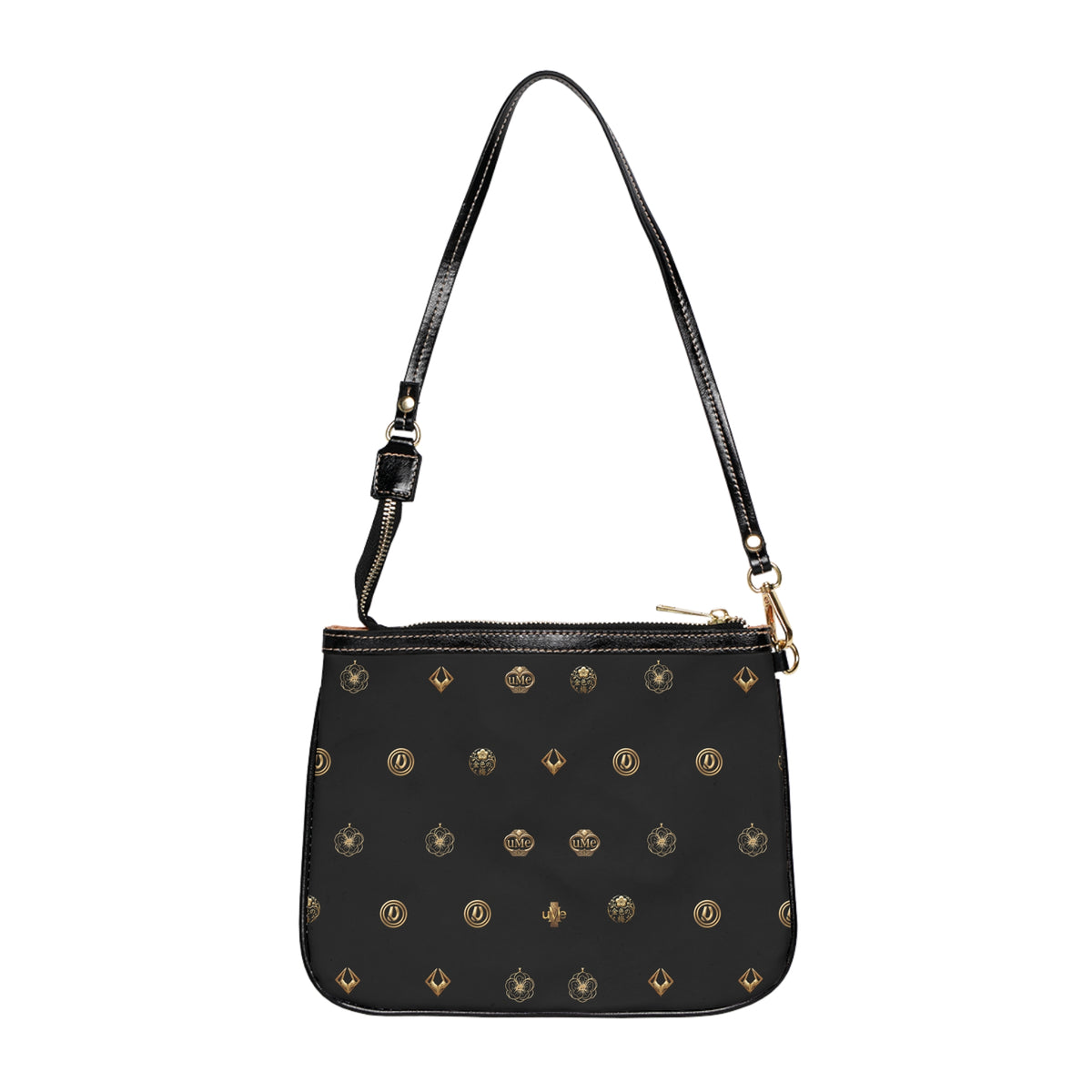 Black Monogram Small Shoulder Bag – Gold Emblem Print PU Leather Purse