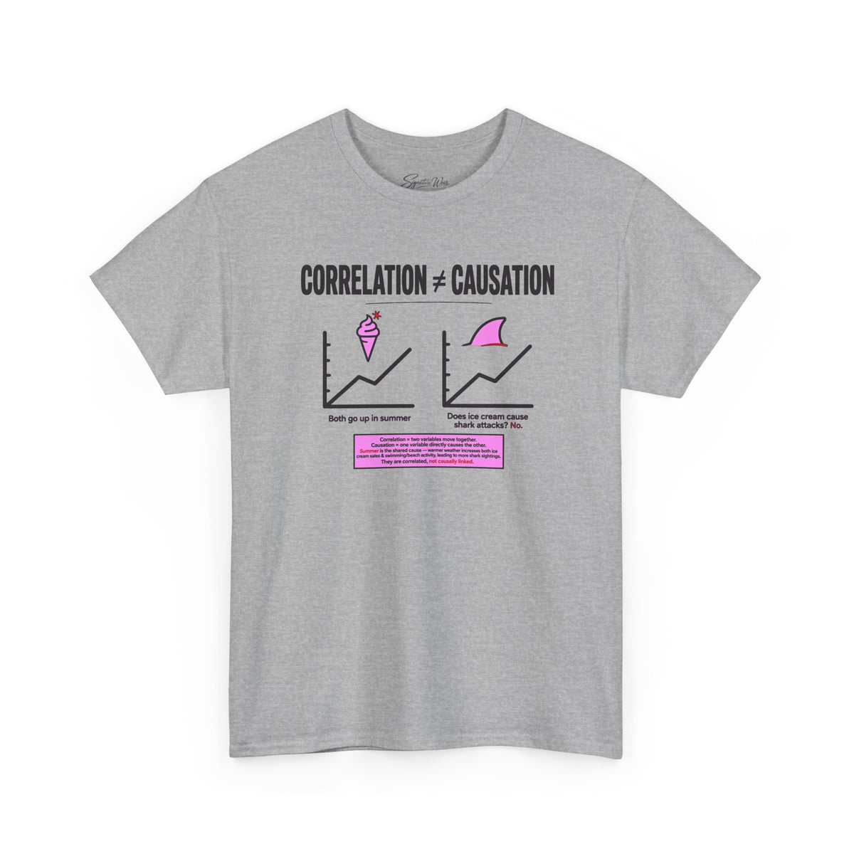 Correlation ≠ Causation Graphic Tee — White, Blue, Pink, Yellow & Neutral Bases