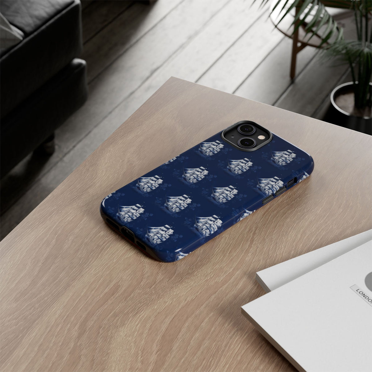Navy Sailing Ship Phone Case — Navy Blue Vintage Nautical All-Over Print