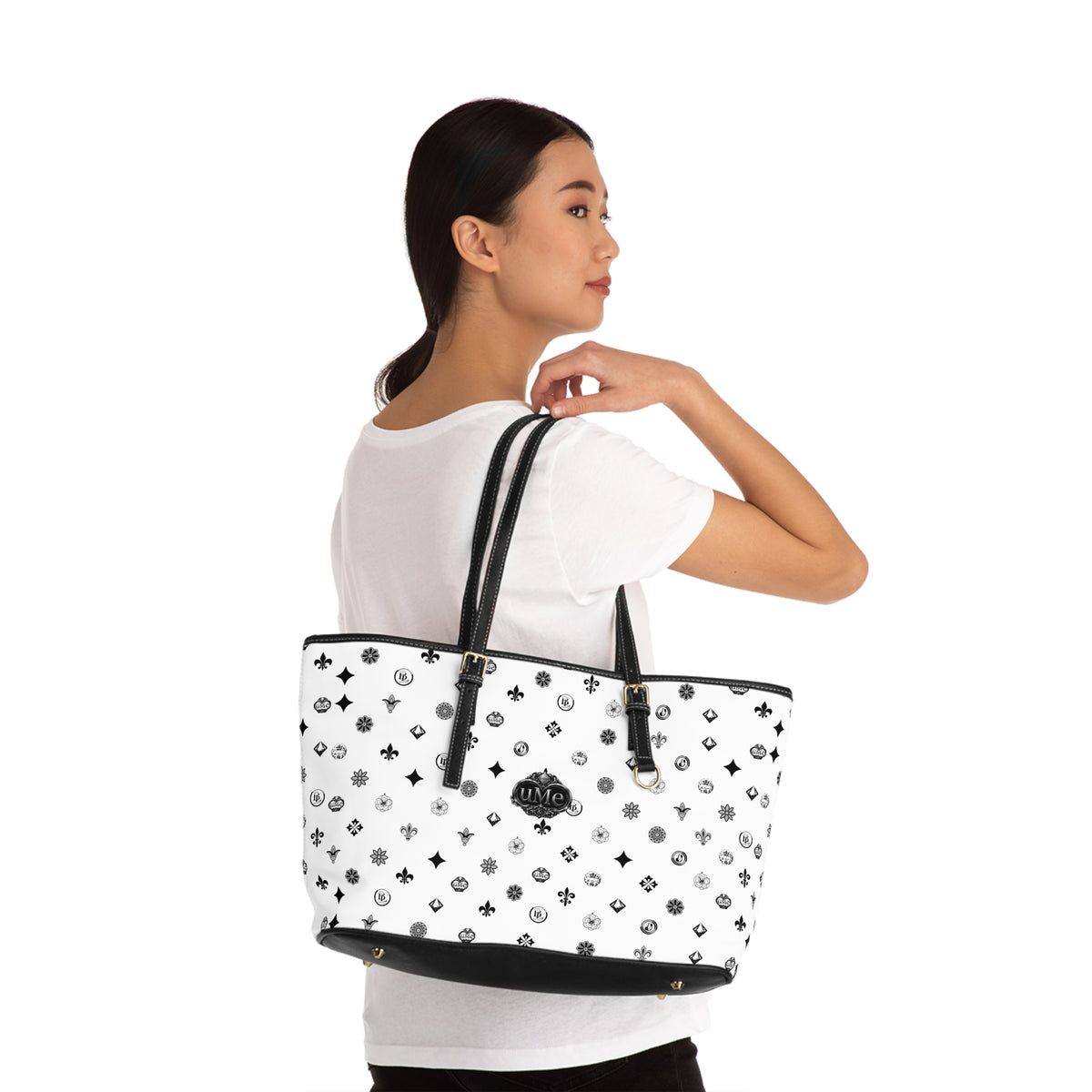 Monogrammed PU Leather Shoulder Bag — White Luxe Pattern Tote