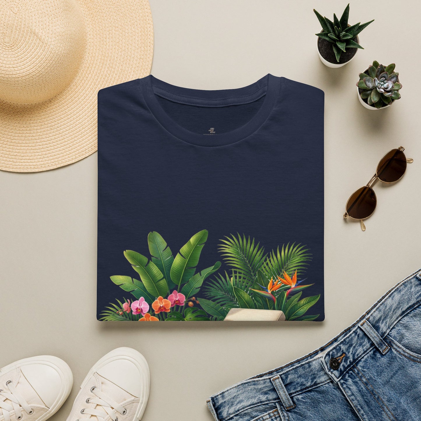 Tropical Lounge T-Shirt — Cozy Chair & Palm Floral Graphic Tee