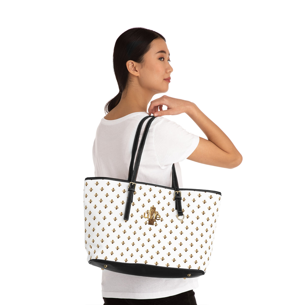 White PU Leather Shoulder Tote — Gold uMe Cross Logo Handbag
