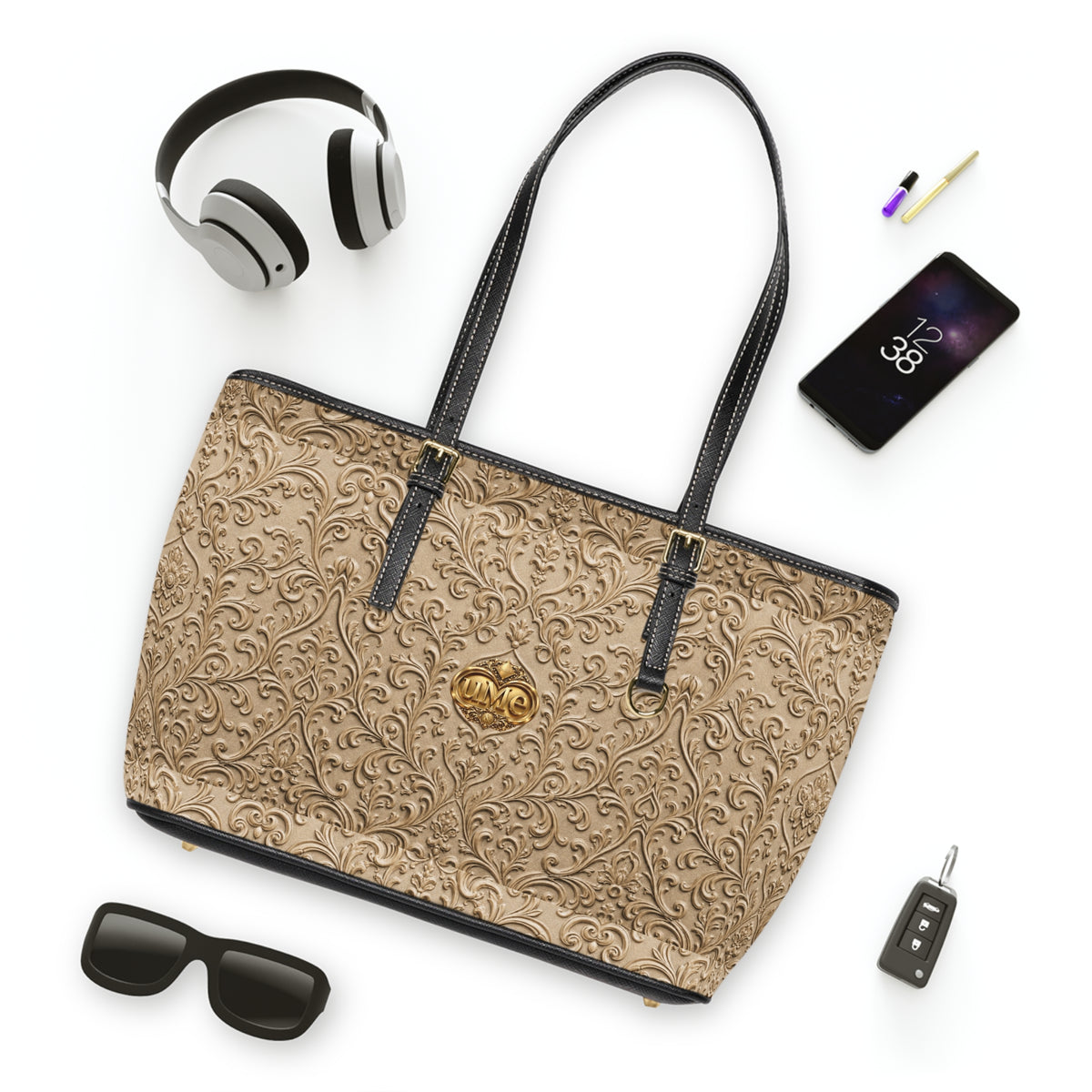 Beige UME Gold Crest Shoulder Tote — PU Faux Leather Scroll Print