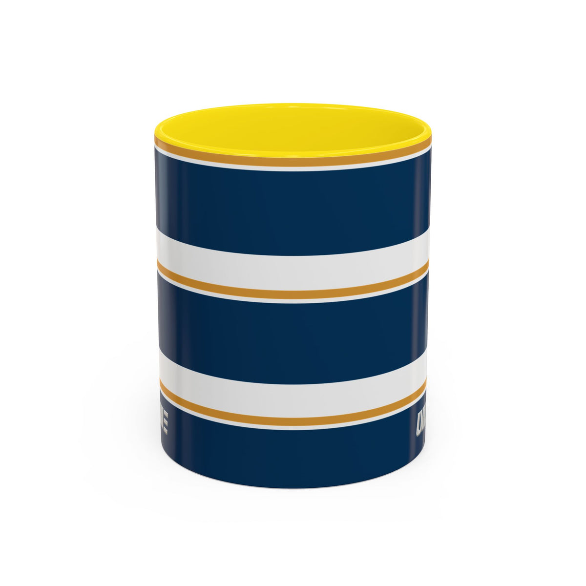 Navy and Gold Striped Accent Mug — White Ceramic