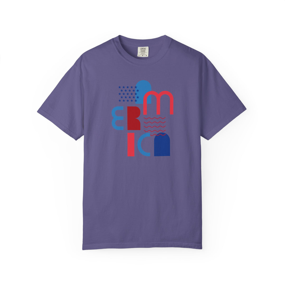T-Shirt — Abstract 'America' Graphic Tee (Red & Blue Geometric Design)