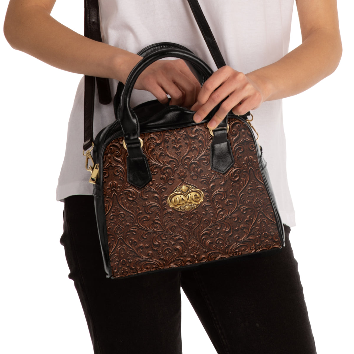 Chestnut Brown UME Shoulder Handbag — Faux Leather Gold Crest Scroll Print