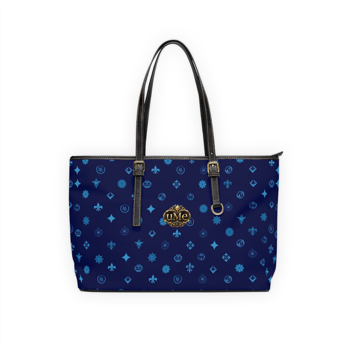 Navy PU Leather Shoulder Bag — Monogram Crest Tote