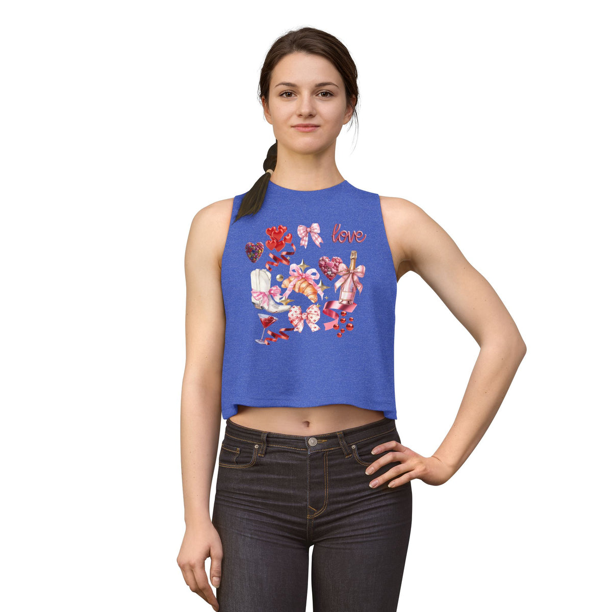Valentine's Love Collage Crop Top — Women's Romantic Heart & Champagne Graphic