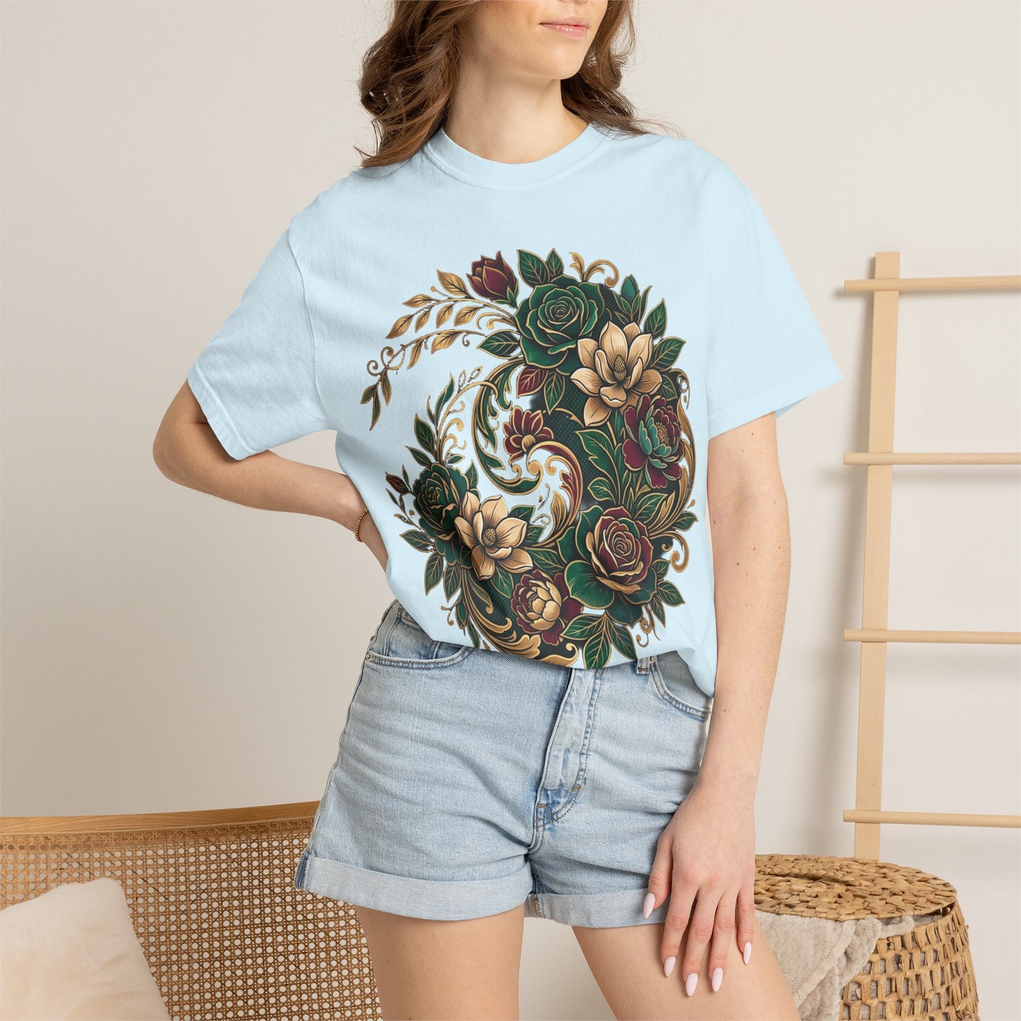 Floral Yin Yang T-Shirt — Vintage Green & Gold Rose Graphic Tee