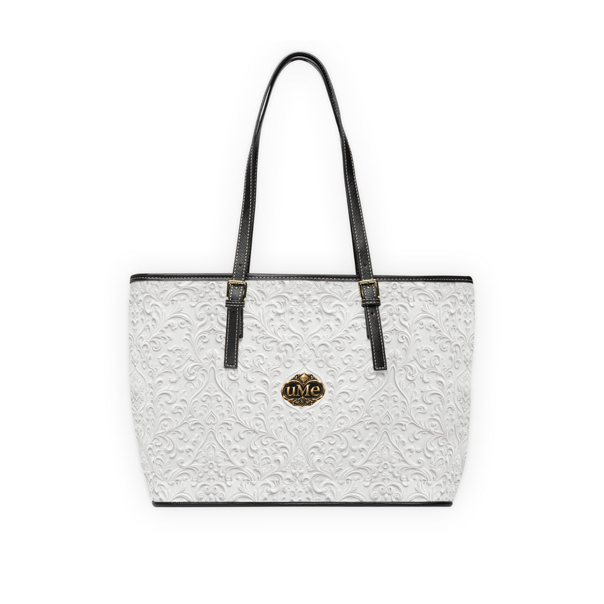 White UME Gold Crest Shoulder Tote — PU Faux Leather Scroll Print