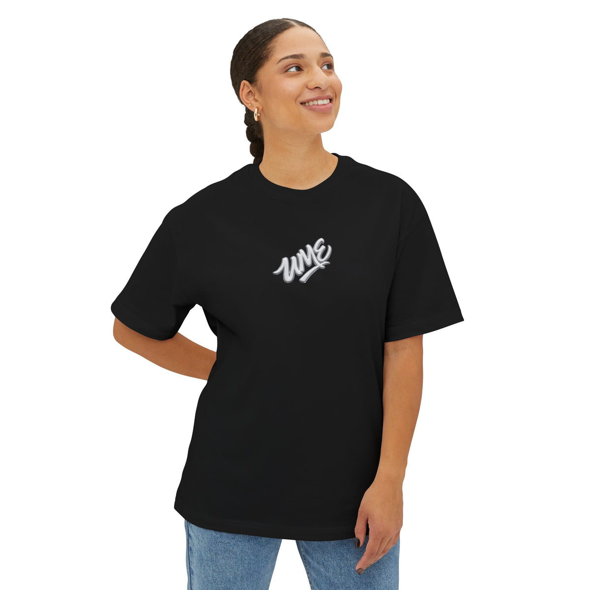 UME Script Logo Boxy Tee — White Oversized Graphic T-Shirt