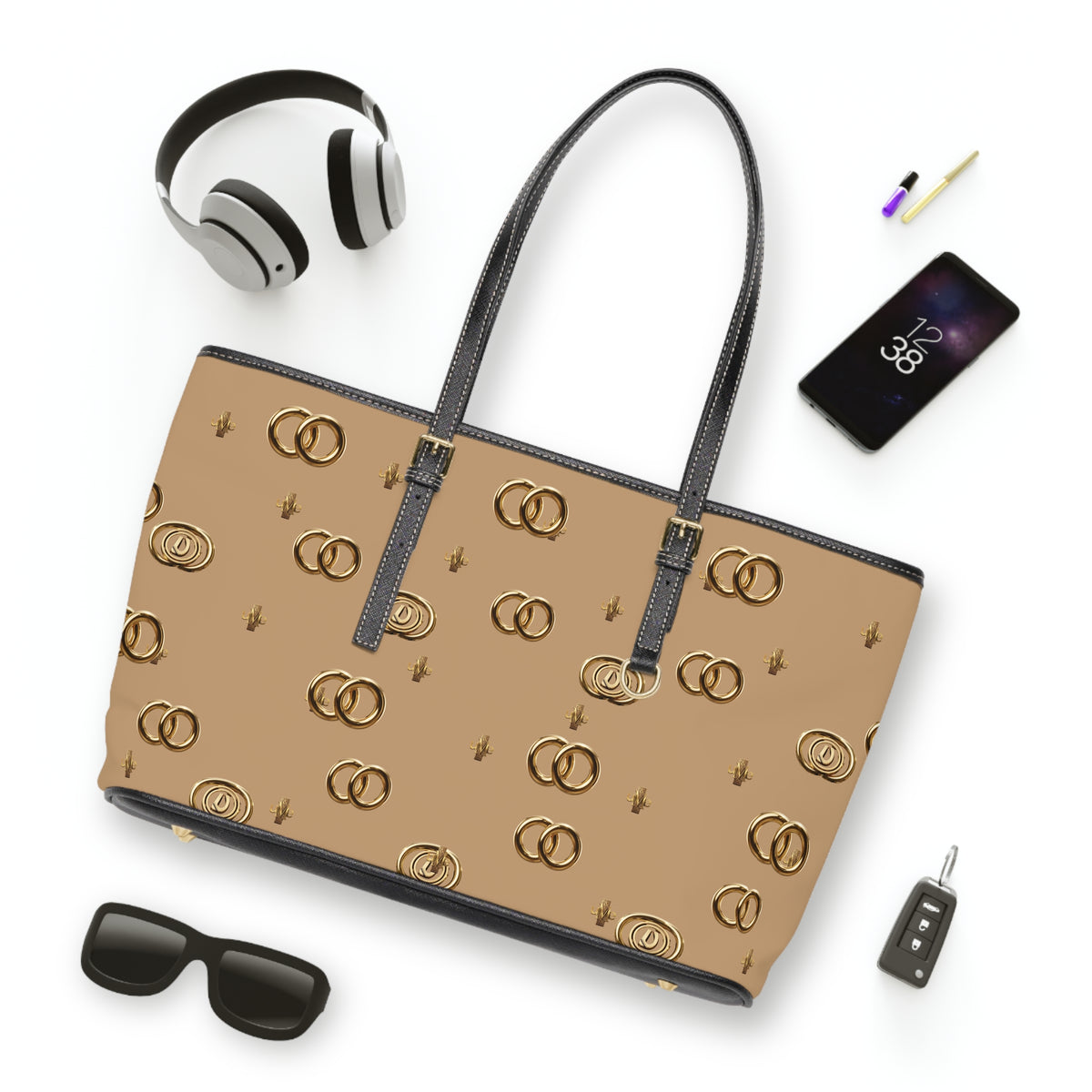 PU Leather Shoulder Bag — Beige Gold Emblem Tote