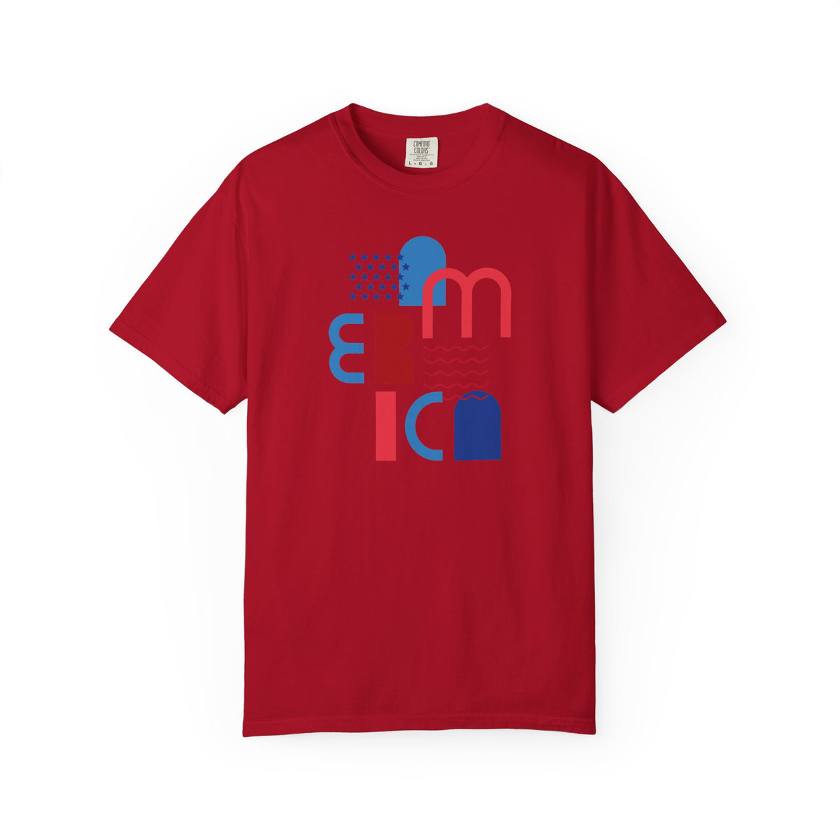 T-Shirt — Abstract 'America' Graphic Tee (Red & Blue Geometric Design)