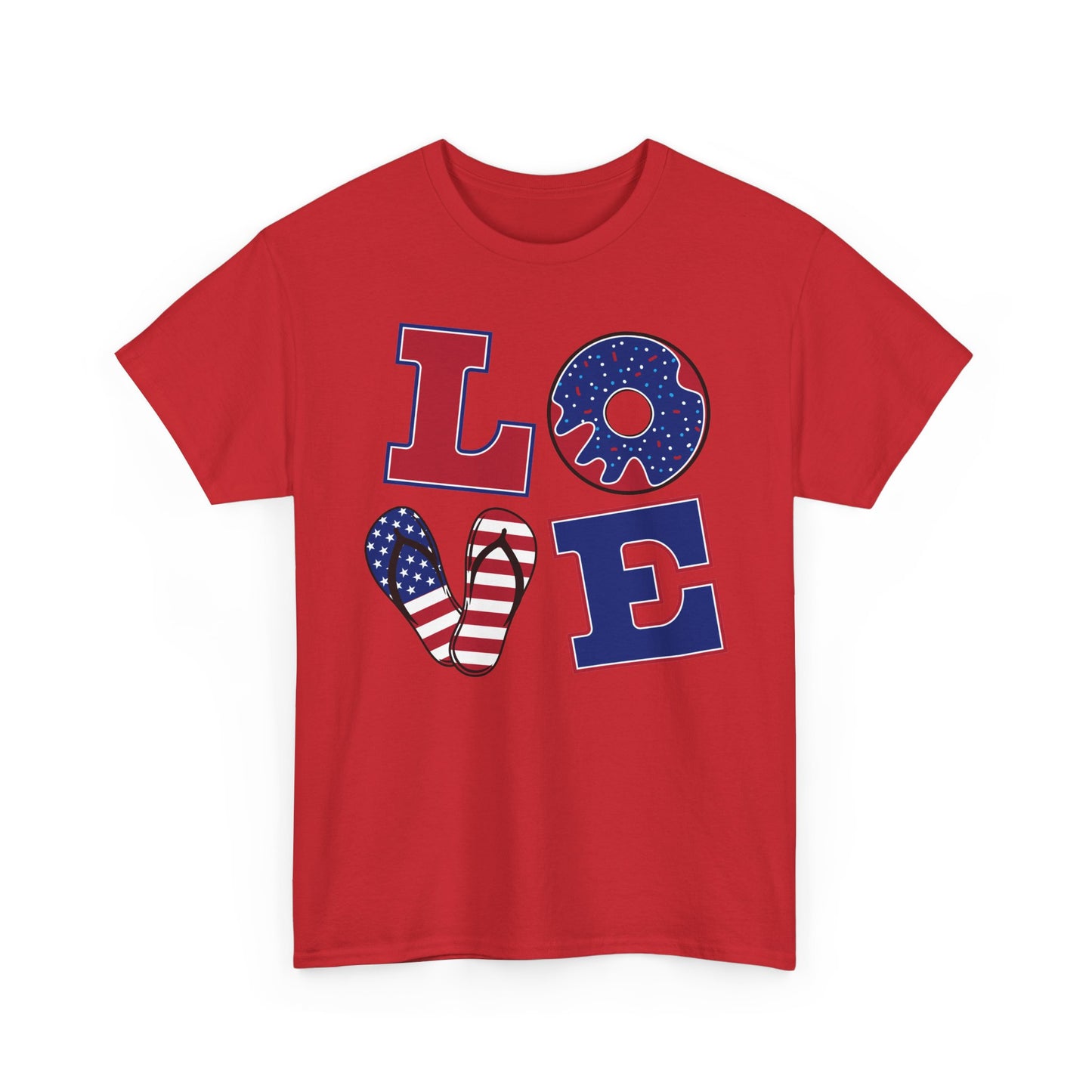 Patriotic "LOVE" Tee – American Flag Donut Heart 4th of July Shirt